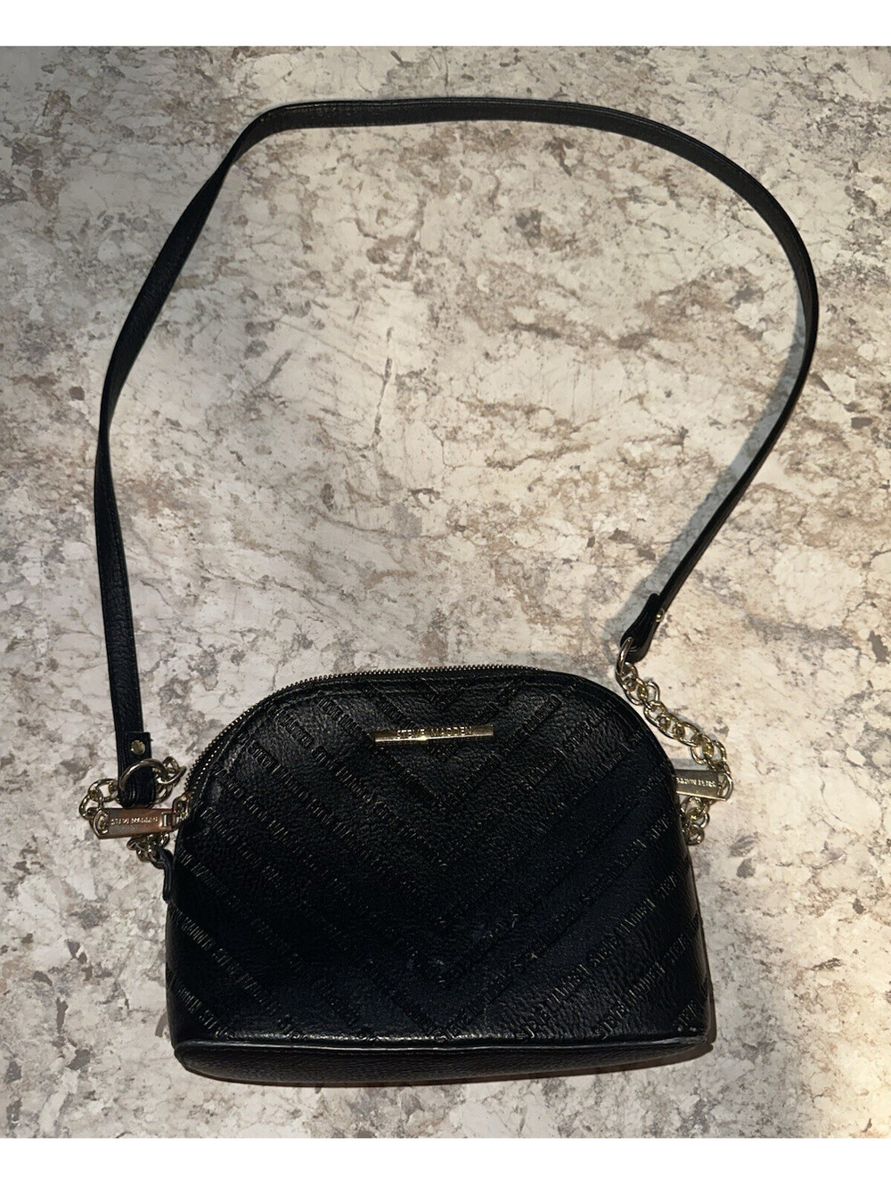 Steve Madden Black Logo Dome Crossbody Bag Zip Closure Adjustable Strap Gold